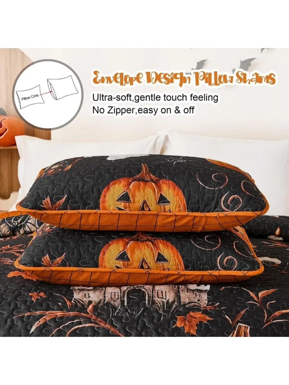 King Size Halloween Quilt Set - 3 Piece Fall Black Bedspread for Cozy Decor